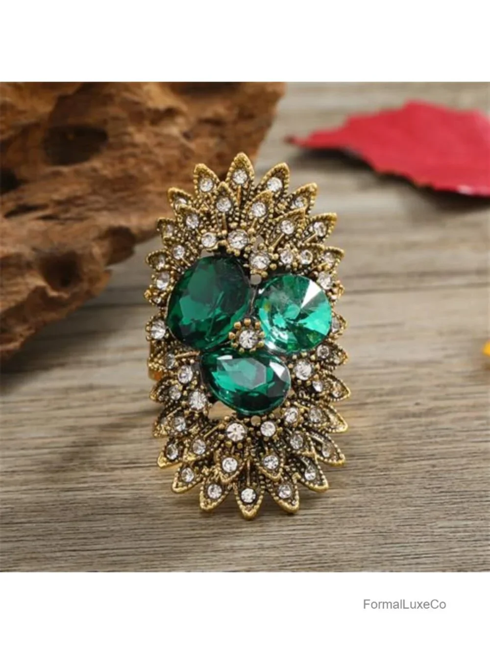 Adjustable Wide Wrap Statement Ring - Gold Tone CZ Oval Flower Rhinestone